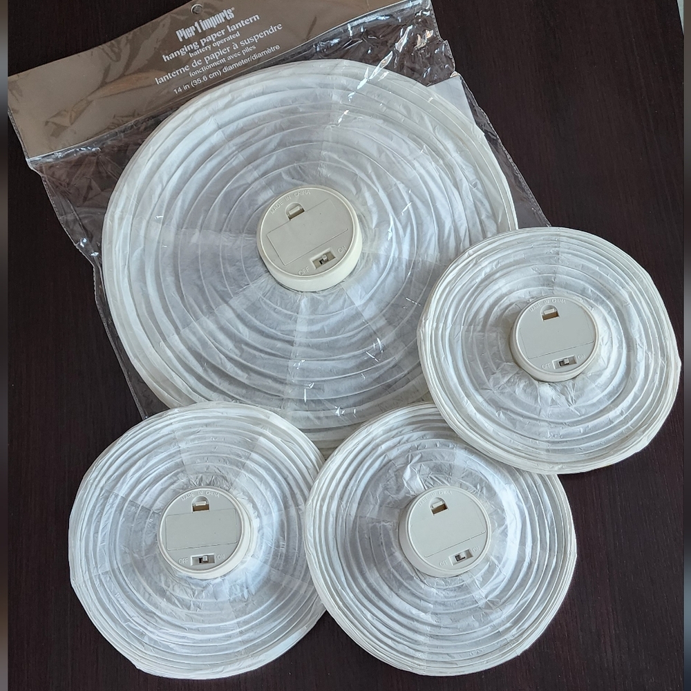 Pier1 white paper lantern set of 4, warm LEDs, battery power, NEW! 14" & 8" (3)